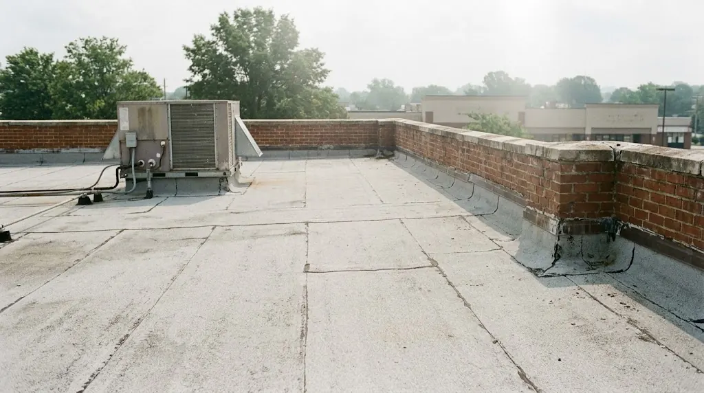 Modified bitumen roof with a brick parapet and rooftop HVAC unit