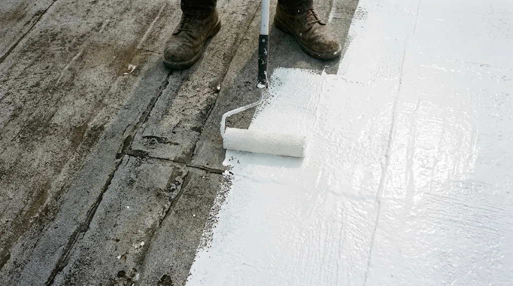 White roof coating being rolled over an aging flat roof