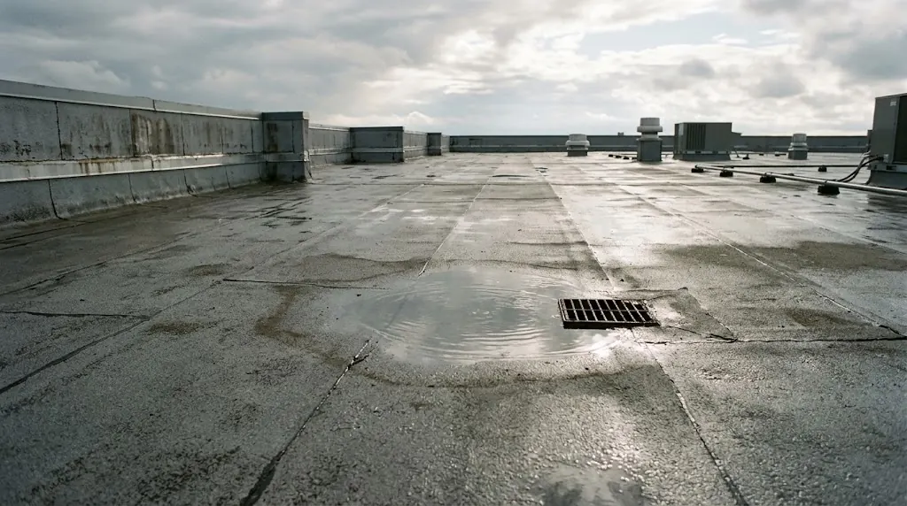 Ponding water near a drain on a flat commercial roof after rain
